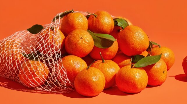 Citrus burst from a vibrant net bag filled with plump juicy mandarins on a bright orange background in a simple and colorful setting