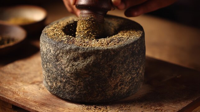 Traditional manual spice crushing with stone grinder tool on wooden surface