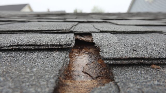 Close up view of water damaged asphalt shingle with gap showing exposed underl