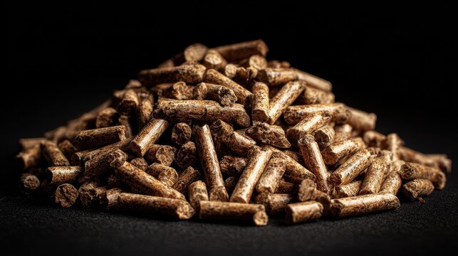 Natural wood pellets stacked on a dark surface for heating or fuel purposes used for various applications in home and industry