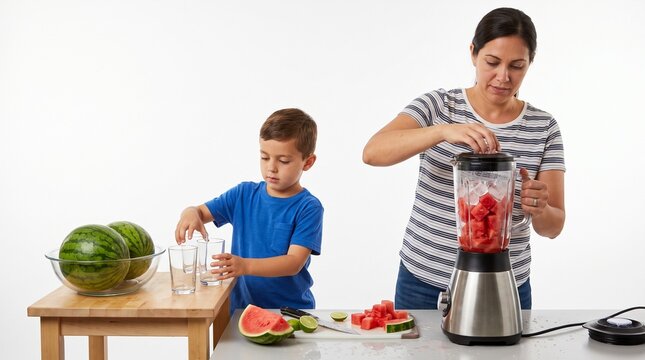 A mother and her young son preparing fresh watermelon juice together in a bright home kitchen on a white background