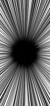 Black and white radial lines radiate around a central dark void in abstract graphic design
