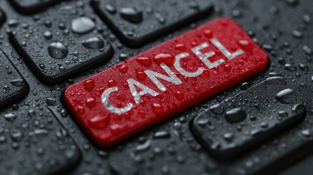 Close-up of a laptop keyboard showing a red cancel button surrounded by water droplets