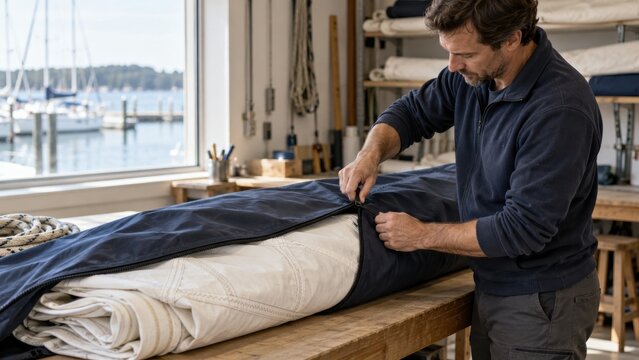 Sailmaker Zipping Canvas Cover Over a Folded Sail in Workshop
