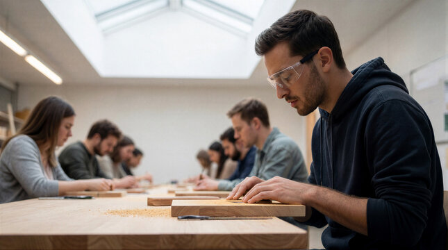 Woodworking workshop, 22 year old mixed race man sanding a handmade cutting board inside a shared makerspace