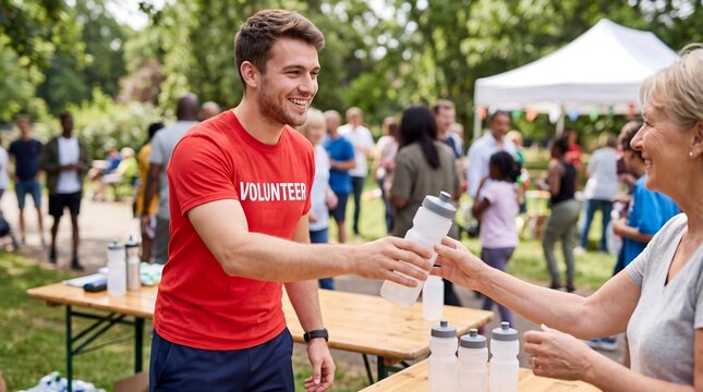 A smiling male volunteer in a red t-shirt hands a water bottle to an older woman at an outdoor community event, promoting hydration and support.