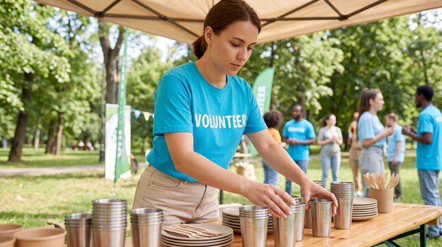 A dedicated female volunteer in a blue t-shirt setting up a table with sustainable cups and plates at an outdoor community event in a park.