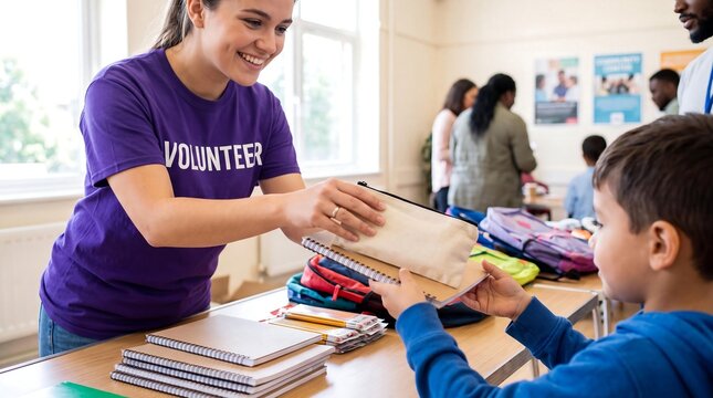 A smiling female volunteer hands a pencil case to a young boy at a school supply donation event, with other people in the background.