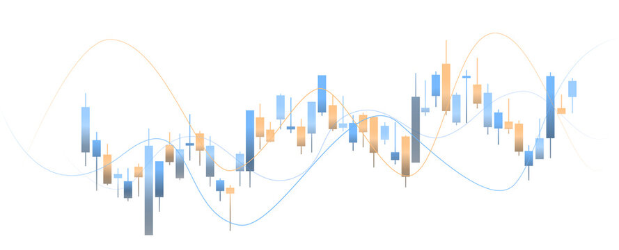 Financial candlestick chart with glowing trend lines, Glowing blue and orange candlestick chart with flowing trend lines on a transparent background, showing market movement.