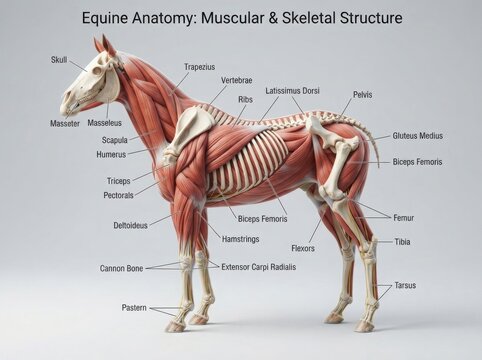 Educational diagram of horse muscular and skeletal anatomy illustration