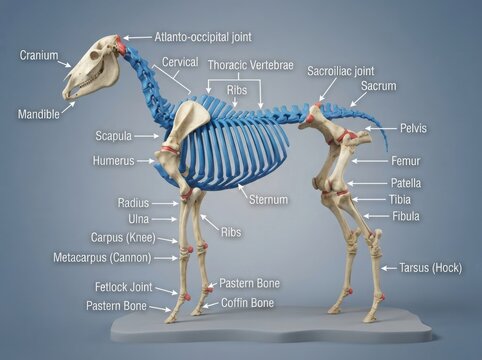 Anatomical skeleton diagram of a horse with labeled bones illustration