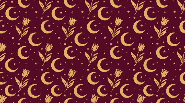 Seamless pattern featuring gold crescent moons and tulips on dark red crescent seamless celestial burgundy background wallpaper decorative
