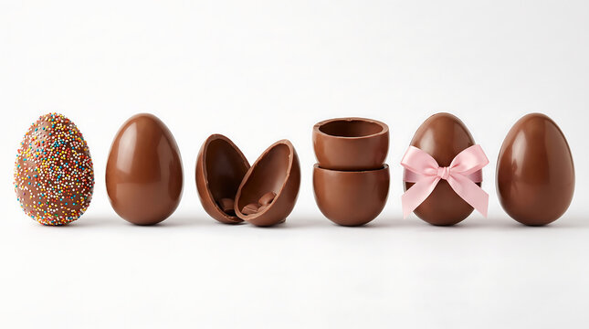 Milk chocolate Easter eggs arranged in a row isolated on a white