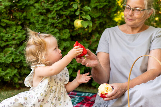 Granddaughter Sharing Red Bell Pepper With Grandmother Outdoors