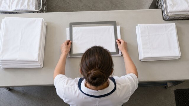Woman in commercial laundry measuring white linens with a template