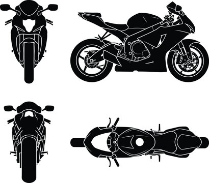 1. Vector blueprints set of sport motorcycle silhouettes from front back side and top view
