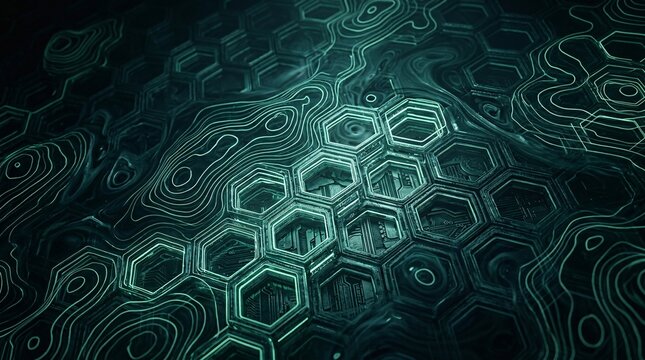 A digital background featuring glowing hexagonal patterns and lines