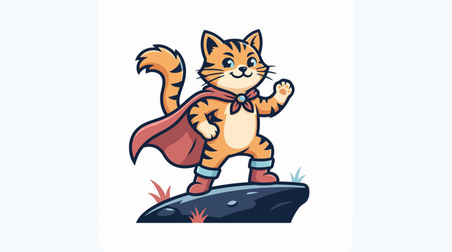 A cute cartoon superhero cat with orange stripes and a red cape stands heroically on a rock, smiling brightly.