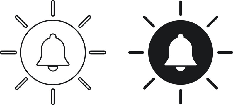 Two bell icons in outline and filled styles with radiating lines on a white background
