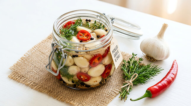 Pickled garlic cloves with chili and herbs in a glass jar on a burlap