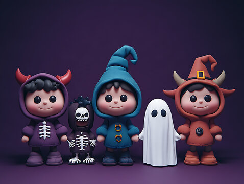 Claymation commercial illustration of cute children in Halloween costumes with a skeleton and ghost on purple