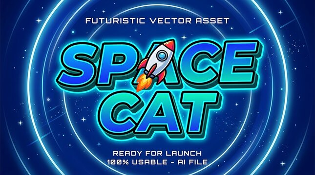 Space-themed futuristic cat mascot vector logo with rocket ship launch element. Bold neon blue and electric green text design. Animated launch sequence for sci-fi and gaming projects