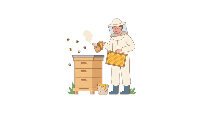 Beekeeper in protective suit with beehive and smoker vector illustration