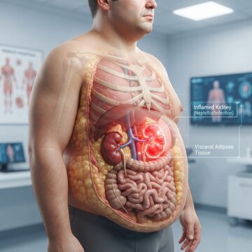 Anatomy illustration of human body with inflamed kidney illustration