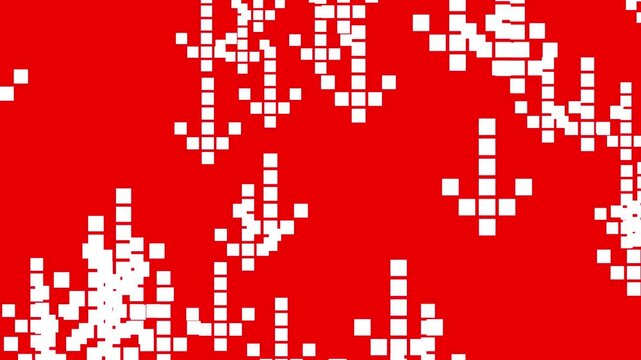 ​Pixelated white downward arrows continuously falling against a vibrant red background