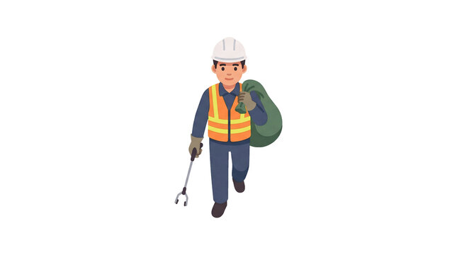 Street cleaner worker carrying a garbage bag and trash picker tool