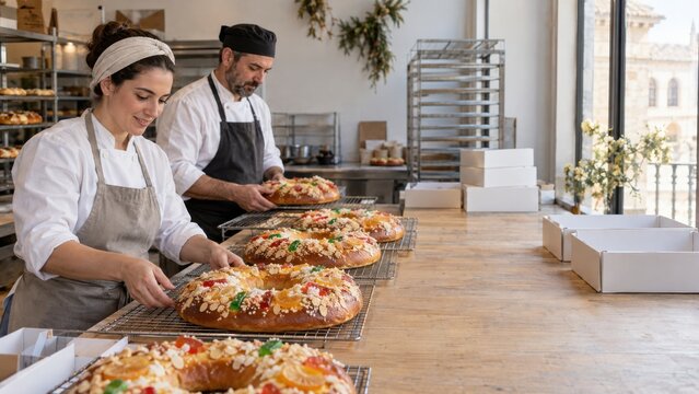 Bakers preparing traditional Roscon de Reyes in a Spanish bakery