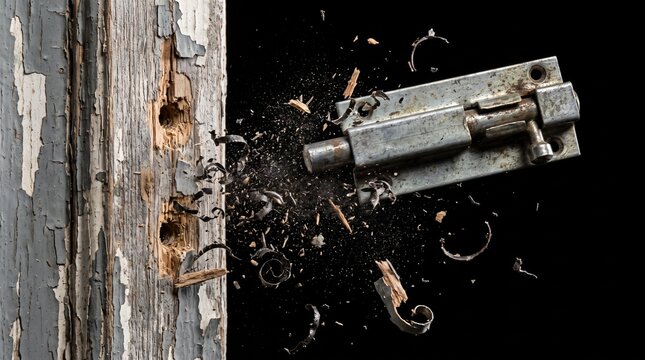 A thin, cheap zinc-plated sliding barrel bolt latch on a painted wooden door frame violently tearing out from the wall