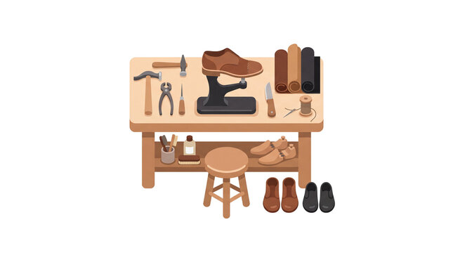 Shoemaker workbench isometric illustration with leather craft tools and shoes