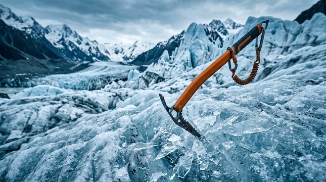 Ice axe planted in a glacier mountain landscape during an expedition