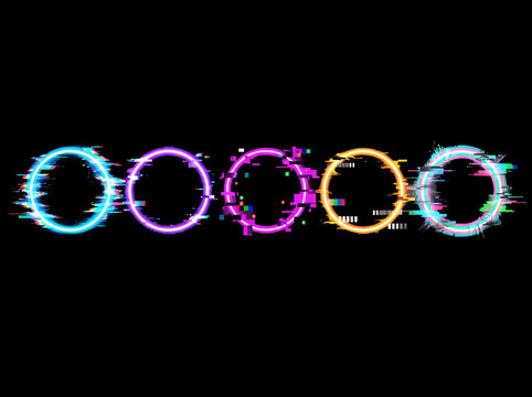 Abstract neon glowing glitch circles and cyber rings on black background
