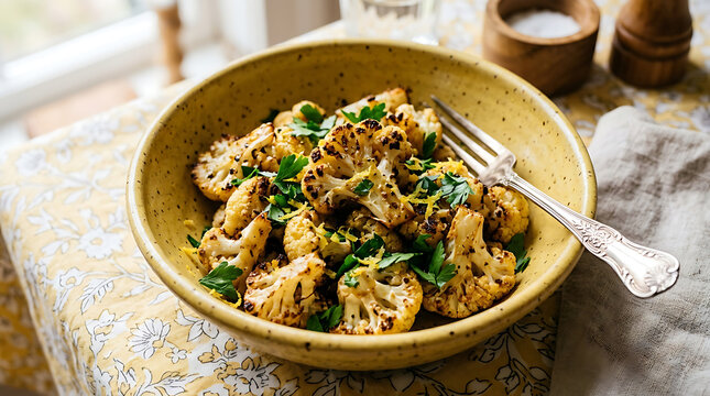 Roasted cauliflower florets in a ceramic bowl with fresh parsley and