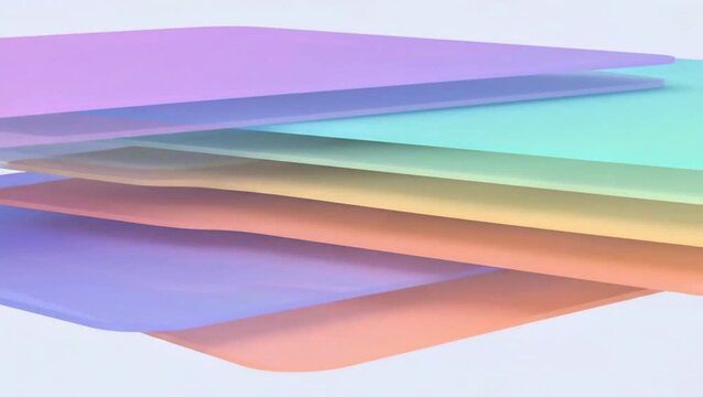Abstract 3D render of colorful pastel layered sheets with wavy edges on a light background.