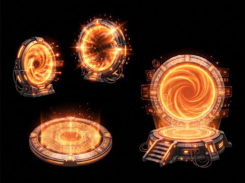 Set of Sci-Fi Magic Portals with Glowing Energy Vortex and Futuristic Platforms