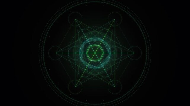 Abstract geometric design featuring glowing green and blue shapes on a black background for looping backgrounds
