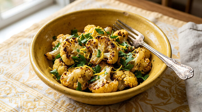 Roasted cauliflower with fresh parsley and lemon zest in a yellow