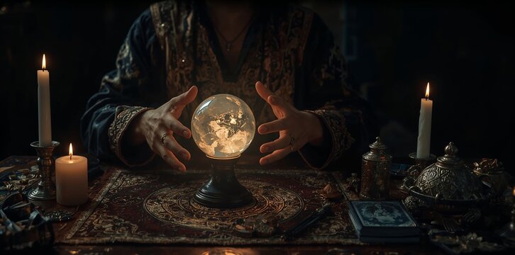 Mystic hands divining the future with a glowing crystal ball on an ornate table, surrounded by candlelight