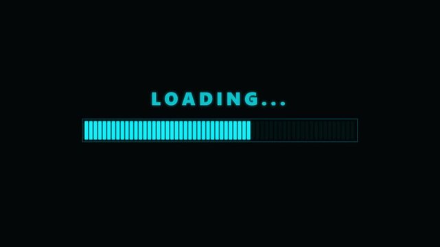 Digital loading bar concept with glowing blue segments indicating progress on a dark background for technology concepts
