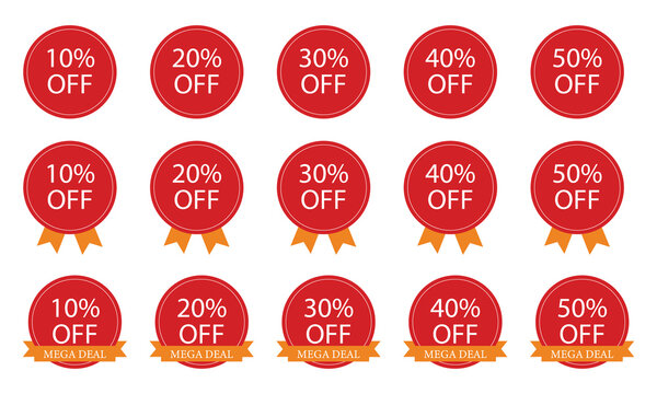 A set of vibrant red discount badges for e commerce sales featuring percentages from ten to fifty percent off