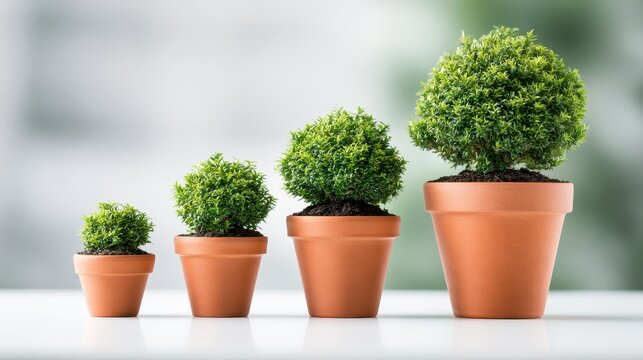 Four small green plants growing progressively larger in terracotta pots in a row. This image is ideal for concepts of business growth, investment, and success.