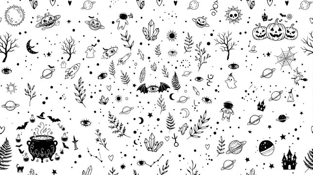 Hand-drawn doodle Halloween seamless pattern background with pumpkins, ghosts, bats, and witches