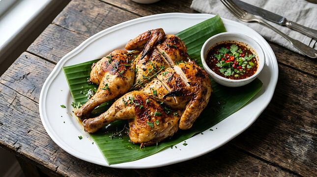 Roasted chicken served on a banana leaf with spicy dipping sauce on a