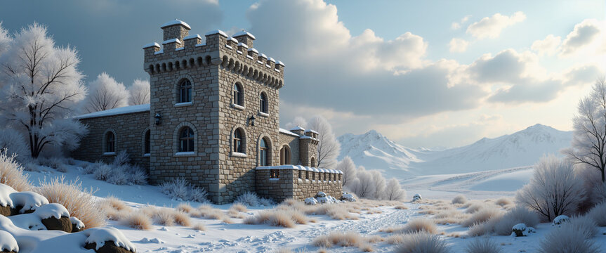 Hoar frost covered castle in snowy landscape with cold blue light for travel magazines and fantasy book covers