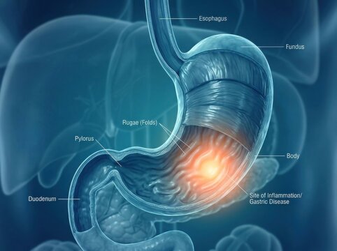 Medical illustration of human stomach showing inflammation illustration