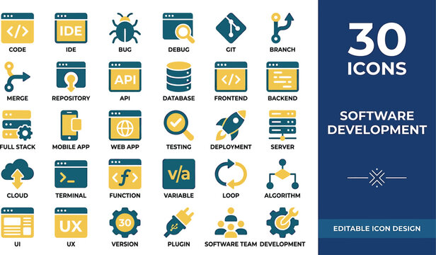 Software development icons set, collection of thirty flat symbols for coding and programming