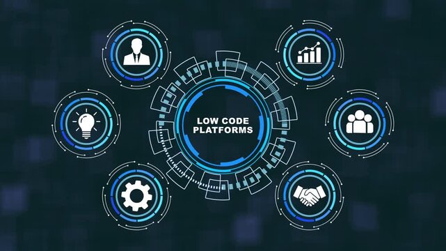 Dynamic low code platforms concept infographic featuring animated digital interface business process automation software development workflow visualization, and modern corporate technology